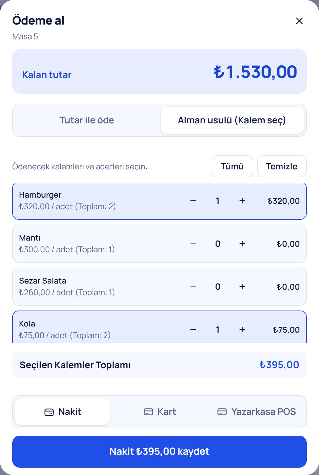 Alman usulü ödeme: bir hamburger ve bir kola seçilmiş, seçilen toplam 395 lira