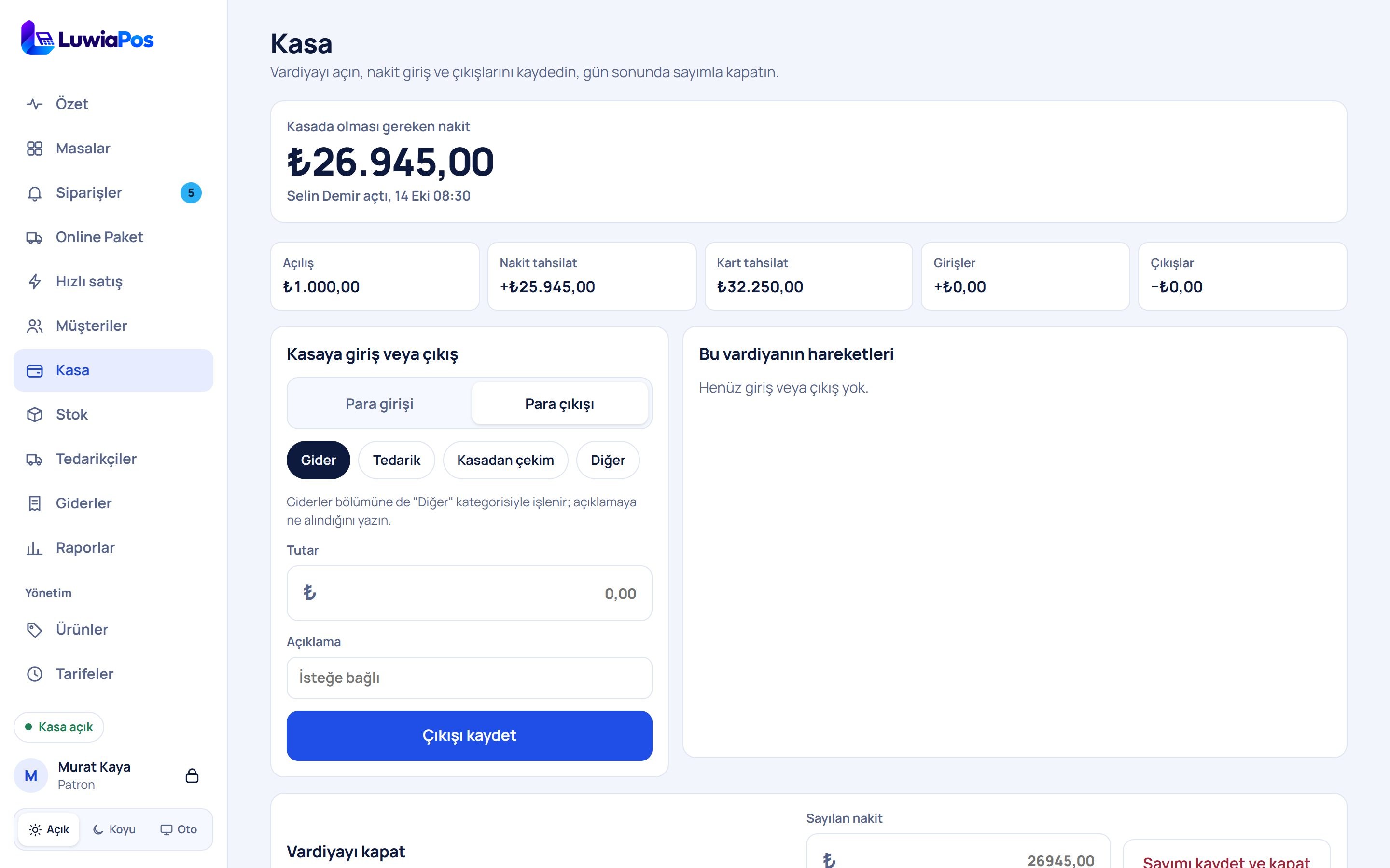 Kasa ekranı: kasada olması gereken nakit, açılış, nakit ve kart tahsilatı, kasaya giriş ve çıkışlar