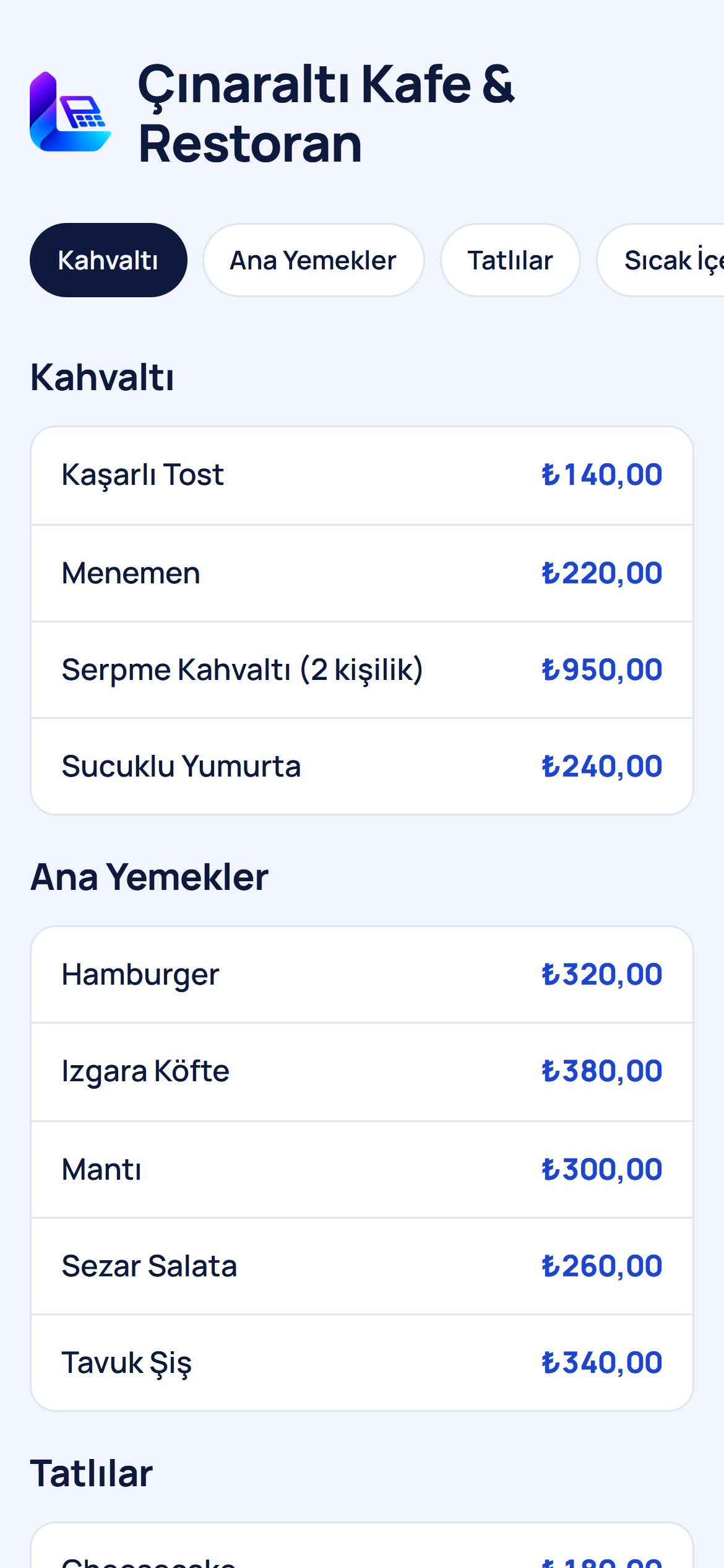 Telefonda QR menü: kahvaltı, ana yemekler, tatlılar ve içecekler fiyatlarıyla