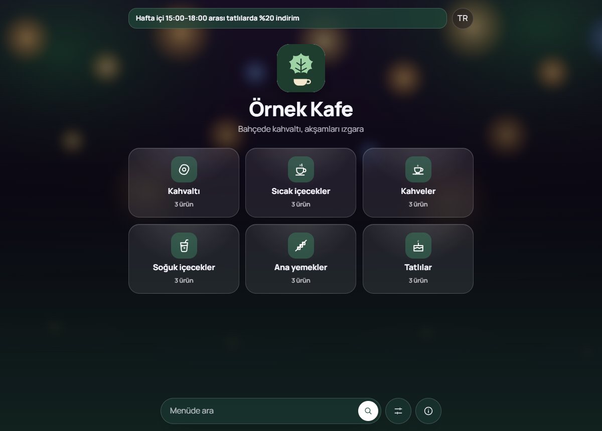 LuwiaQR menüsünün açılış ekranı: işletme adı ve ikonlu kategori kartları